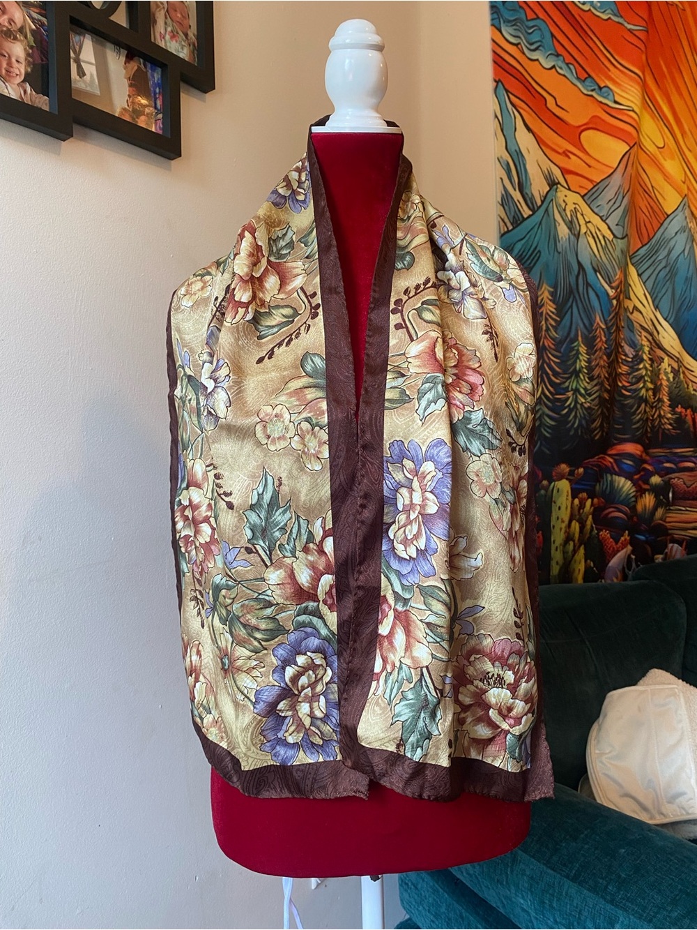 Floral Satin Wrap Scarf in Gold and Brown